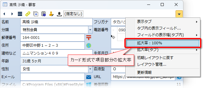 カード項目の拡大率